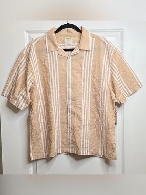 NWT Massive Luxury Mens Large Tan Striped 100% Cotton Resort Camp‎ Collar Shirt